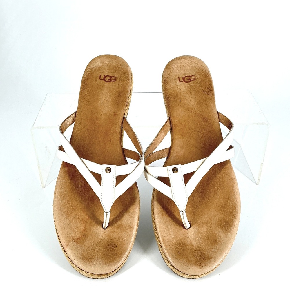 UGG Size 10 White Leather Thong Sandals Jute Trim Flat Flip Flops Annice